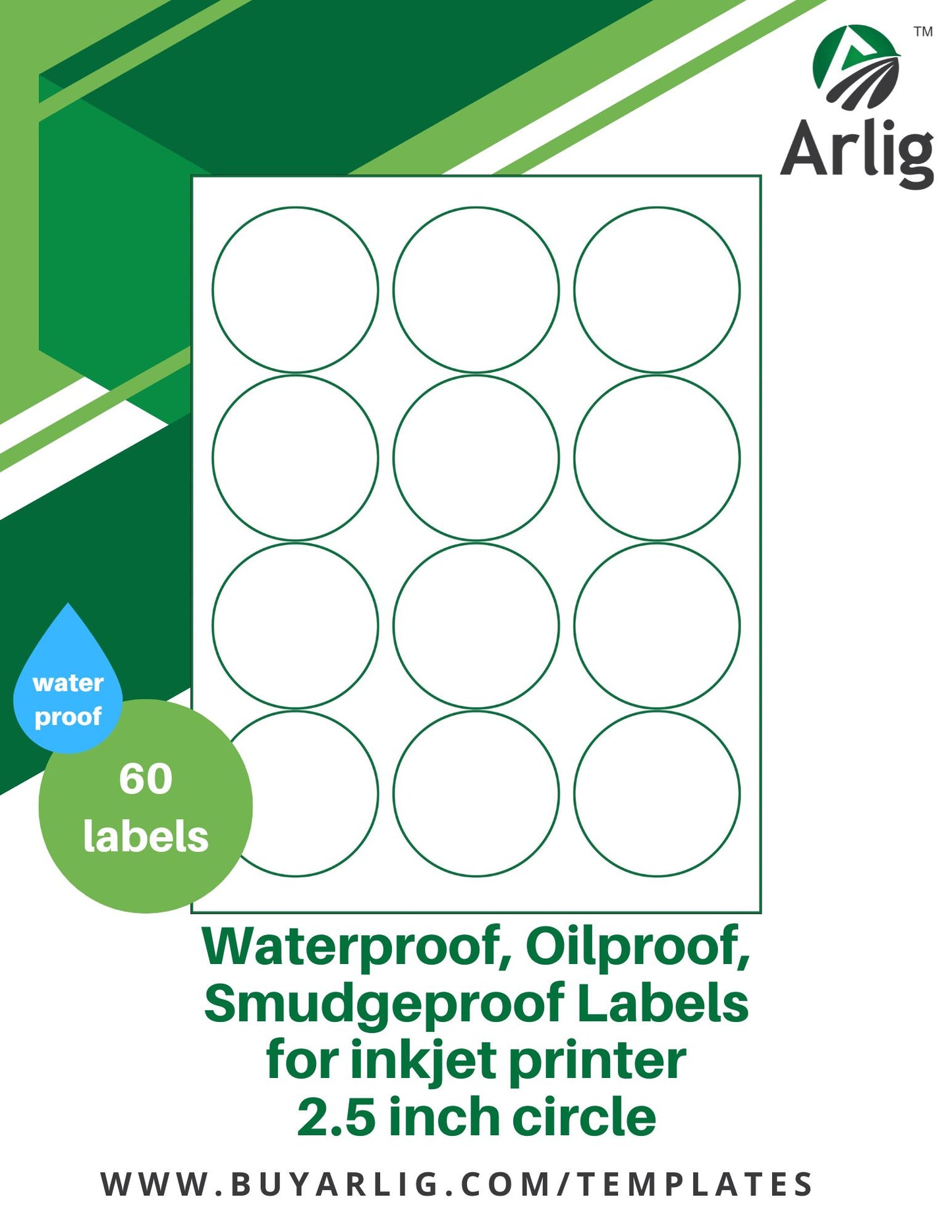 2.5 inch Circle Waterproof Labels for Inkjet Printer | 60 Labels (5 Sheets x 12 Labels) (Matte)