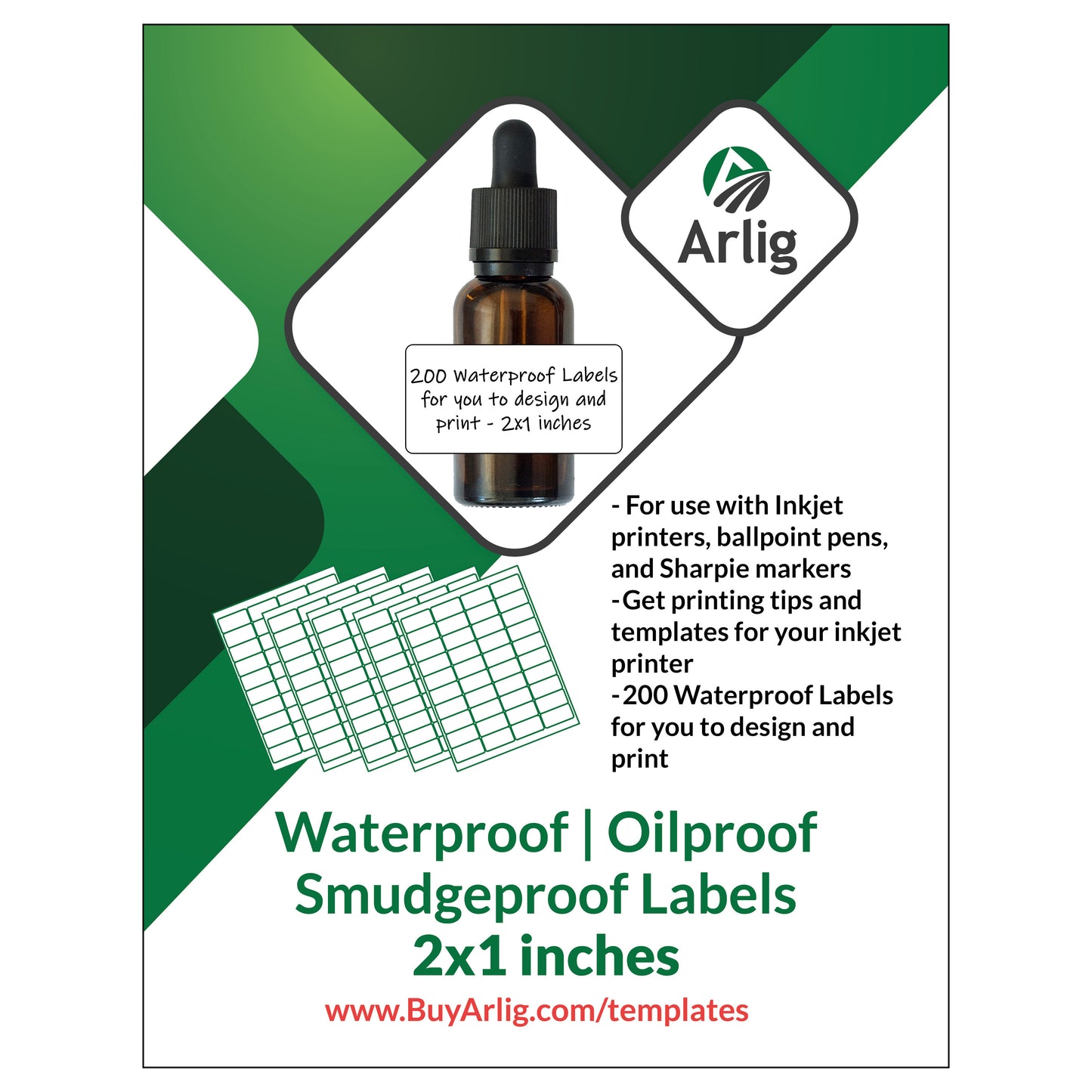 2×1 inch White Waterproof and Oil-Proof Labels - 200 Labels (5 Sheets x 40 Labels)